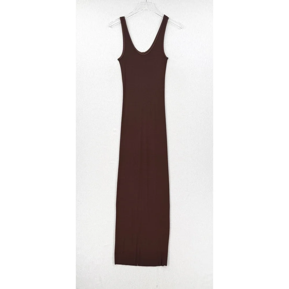 ENZA COSTA Silk Rib Knit Maxi Tank Dress Womens Small Brown Quiet Luxury NEW - Picture 2 of 12